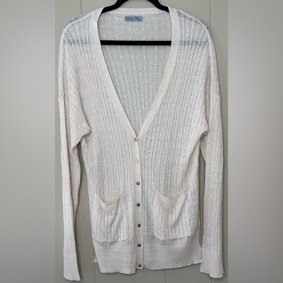 Olivia Sky Linen Blend V Neck Long Line Cable Knit Sweater Size 1X - Picture 1 of 10